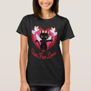 Black Kawaii Cat Cupid With Heart And Rose Aim Fur T-Shirt