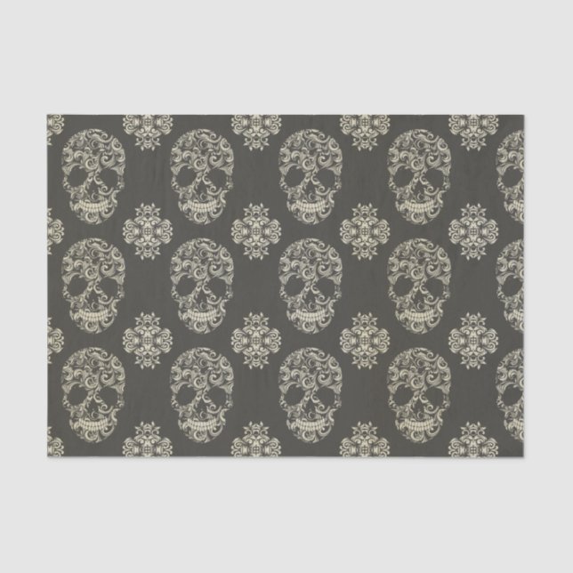 black,khaki,sugar skull,halloween,pattern,damasks, tissue paper (Front)