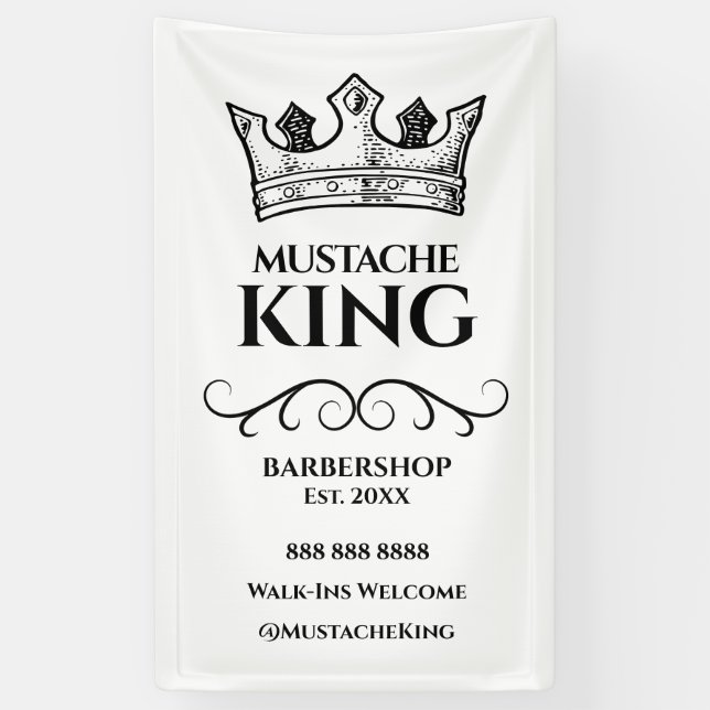 Black King's Crown and Moustache Barbershop Banner (Vertical)