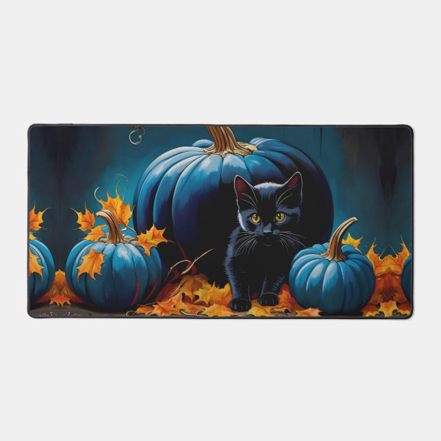 Black Kitten and Blue Moon Pumpkins Autumn Leaves Desk Mat (Front)