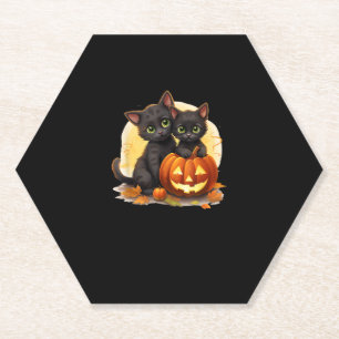 Black Kitten Cats Pumpkin Halloween Jack O Lantern Paper Coaster
