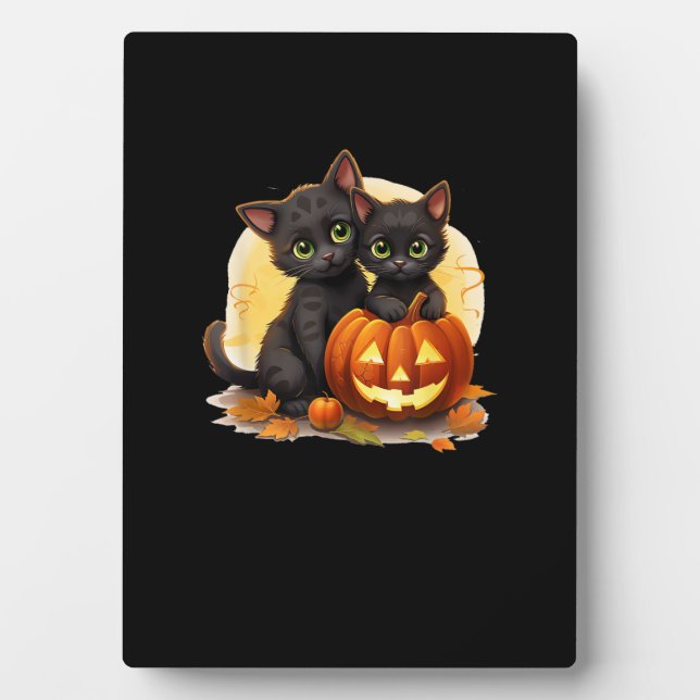 Black Kitten Cats Pumpkin Halloween Jack O Lantern Plaque (Front)