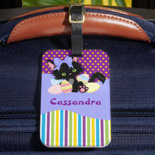 Black Kitten Easter Egg Dots and Stripes Luggage Tag