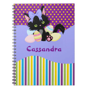 Black Kitten Easter Egg Dots and Stripes   Notebook
