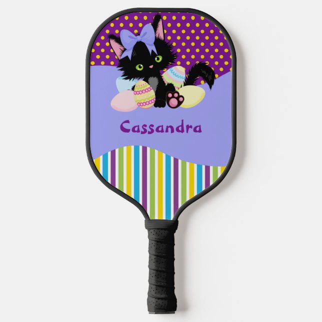 Black Kitten Easter Egg Dots and Stripes   Pickleball Paddle (Front)