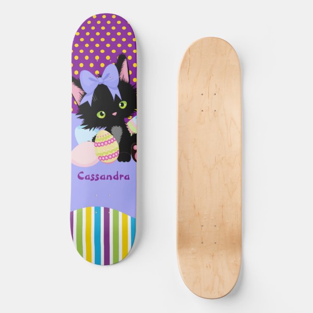 Black Kitten Easter Egg Dots and Stripes  Skateboard (Front)
