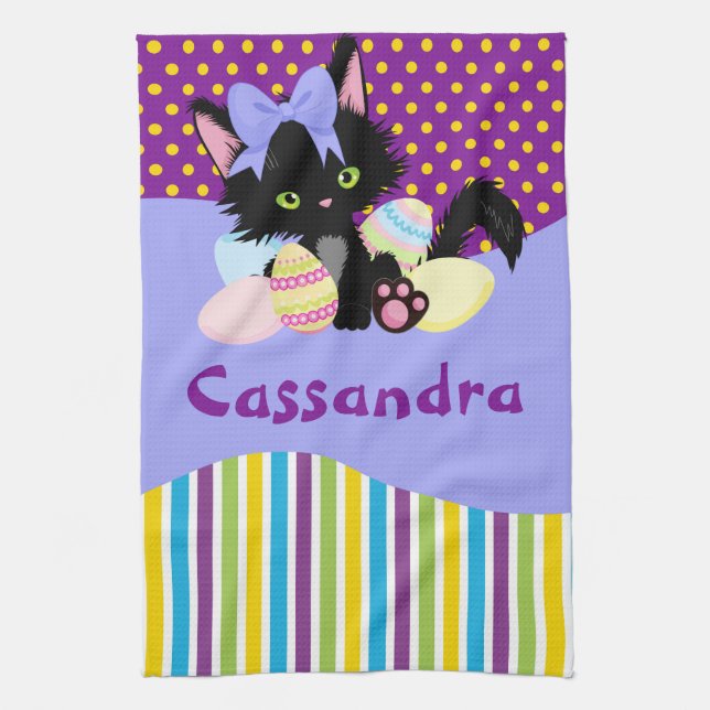 Black Kitten Easter Egg Dots and Stripes   Tea Towel (Vertical)