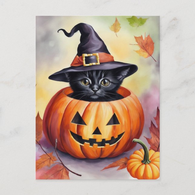 Black Kitten Halloween Pumpkin Witch Hat Postcard (Front)