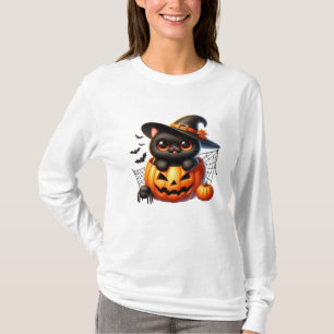 Black Kitten in a Halloween Pumpkin T-Shirt
