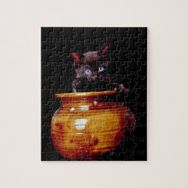 Black Kitten in Ceramic Vase, black background Jigsaw Puzzle (Vertical)