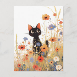 Black Kitten in Orange and Blue Wildflower Meadow Postcard