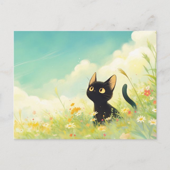 Black Kitten in Sunny Wildflower Summer Meadow Postcard (Front)