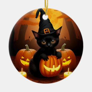 Black Kitten in Witch Hat Amid Halloween Pumpkins Ceramic Tree Decoration