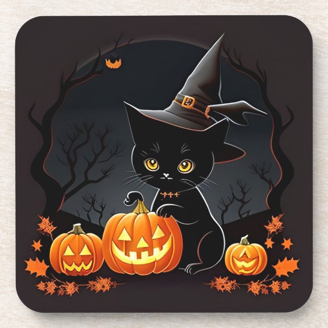 Black Kitten in Witch Hat Amid Halloween Pumpkins Coaster (Front)