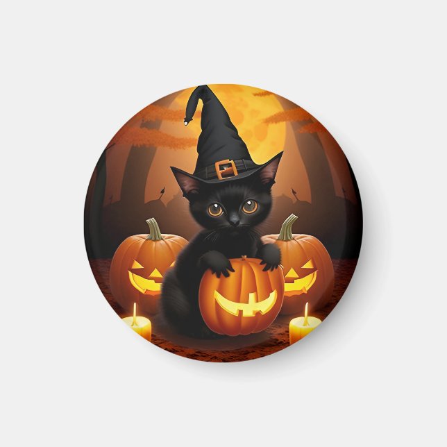 Black Kitten in Witch Hat Amid Halloween Pumpkins Magnet (Front)