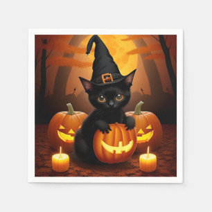 Black Kitten in Witch Hat Amid Halloween Pumpkins Napkin