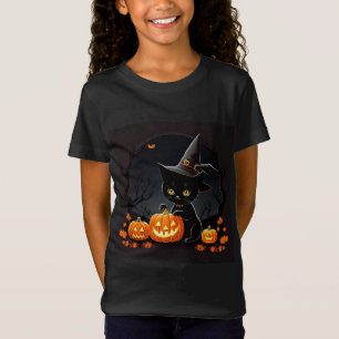 Black Kitten in Witch Hat Amid Halloween Pumpkins T-Shirt