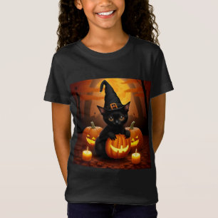 Black Kitten in Witch Hat Amid Halloween Pumpkins T-Shirt
