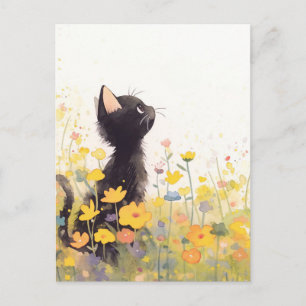 Black Kitten in Yellow Wildflower Summer Meadow Postcard