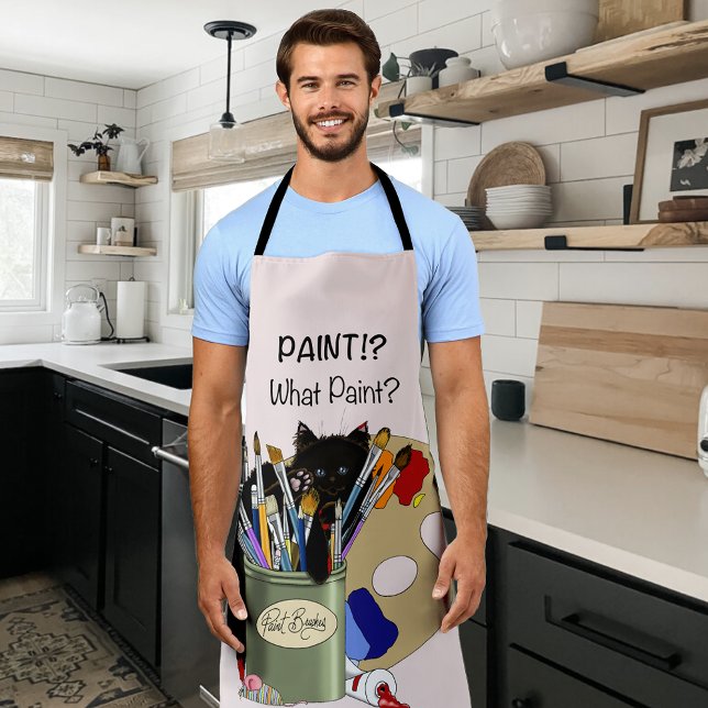 Black Kitten Paint Brush Jar Artist Cat Pink Apron (Creator Uploaded)