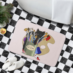 Black Kitten Paint Brush Jar Artist Cat Pink Bath Mat