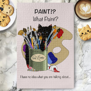 Black Kitten Paint Brush Jar Artist Cat Pink Jigsaw Puzzle