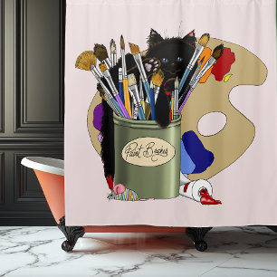 Black Kitten Paint Brush Jar Artist Cat Pink Shower Curtain