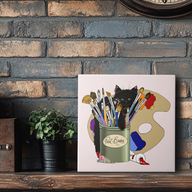 Black Kitten Paint Brush Jar Artist Cat Pink Tile (Creator Uploaded)