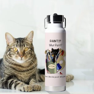 Black Kitten Paint Brush Jar Artist Cat Pink Water Bottle