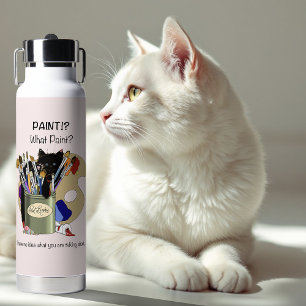 Black Kitten Paint Brush Jar Artist Cat Pink Water Bottle