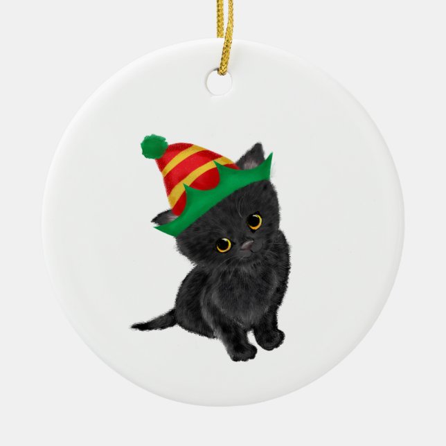 Black kitten personalised Christmas tree ornament (Front)