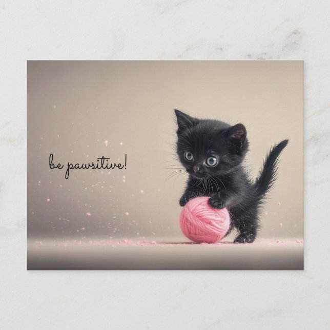 Black Kitten Playing with Pink Ball of Wool Postcard (Front)