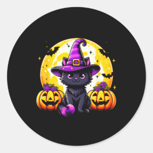 Black Kitten Pumpkin Cat Witch Hat Spooky Season H Classic Round Sticker