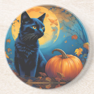 Black Kitten Pumpkin Full Moon Autumn Leaves Coaster