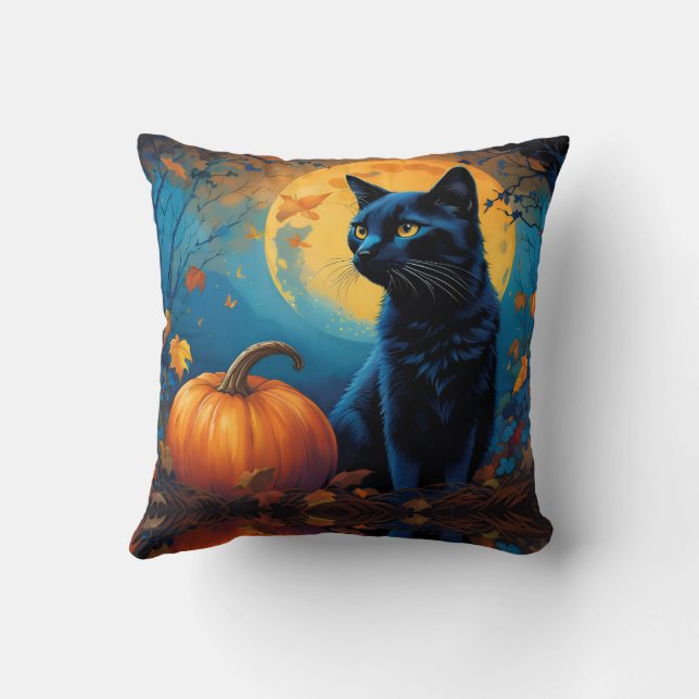 Black Kitten Pumpkin Full Moon Autumn Leaves Cushion (Back)