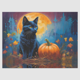 Black Kitten Pumpkin Full Moon Autumn Leaves Tissue Paper