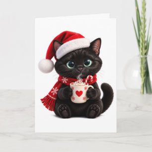 Black Kitten Santa Hat Hot Cocoa Cute Christmas Holiday Card