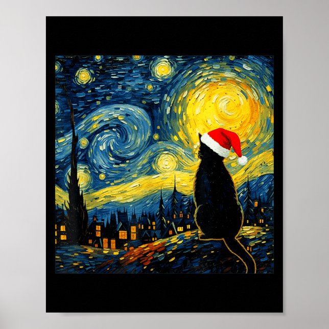 Black Kitten Santa Hat Van Gogh Style Starry Night Poster (Front)