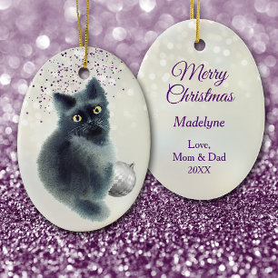 Black Kitten Silver Bulb Bokeh Christmas Ceramic Tree Decoration