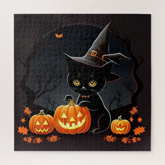 Black Kitten Witch Hat Halloween Pumpkin Jigsaw Puzzle (Vertical)