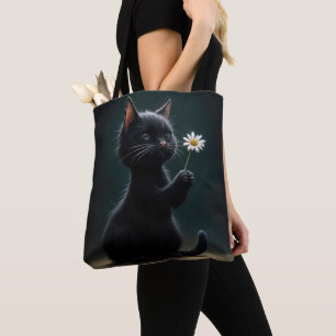 Black Kitten With a White Daisy Tote Bag