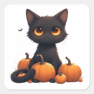 Black Kitten With Harvest Pumpkin Square Sticker