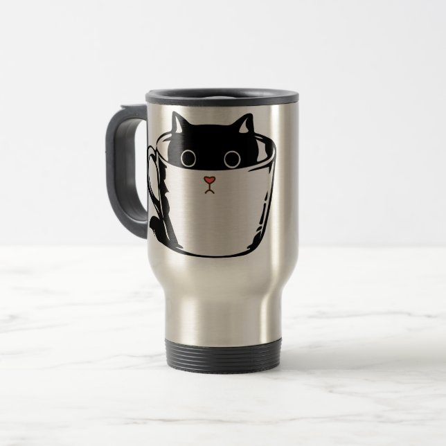 Black kitten with red nose hiding in a cup (Front Left)