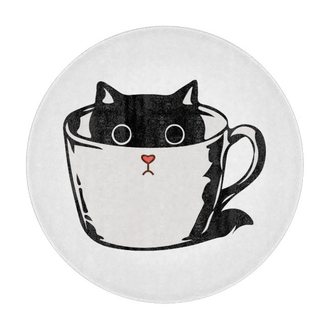 Black kitten with red nose hiding in a cup cutting board (Front)