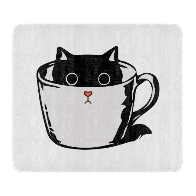 Black kitten with red nose hiding in a cup cutting board (Front)