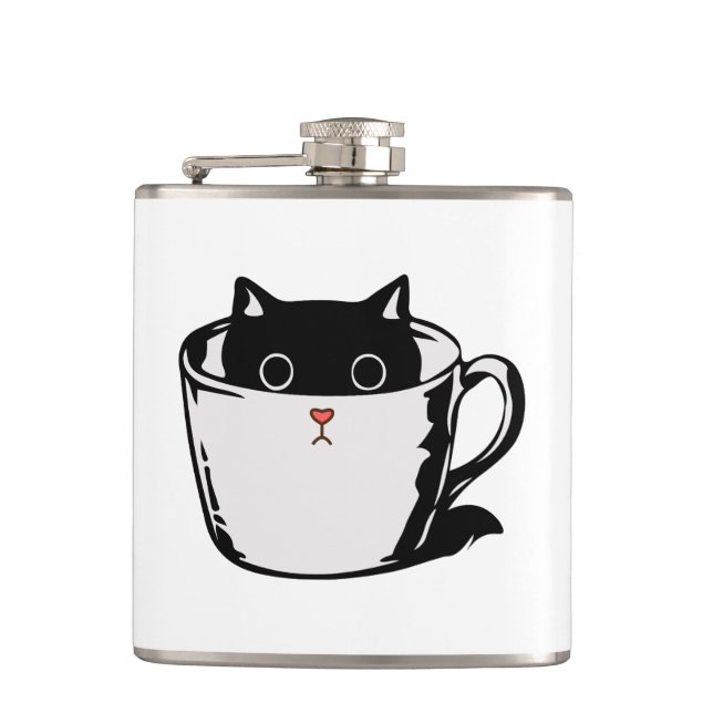 Black kitten with red nose hiding in a cup hip flask (Front)