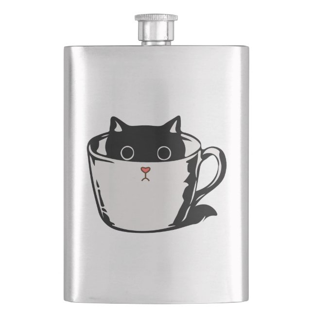 Black kitten with red nose hiding in a cup hip flask (Front)