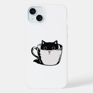 Black kitten with red nose hiding in a cup iPhone 15 plus case