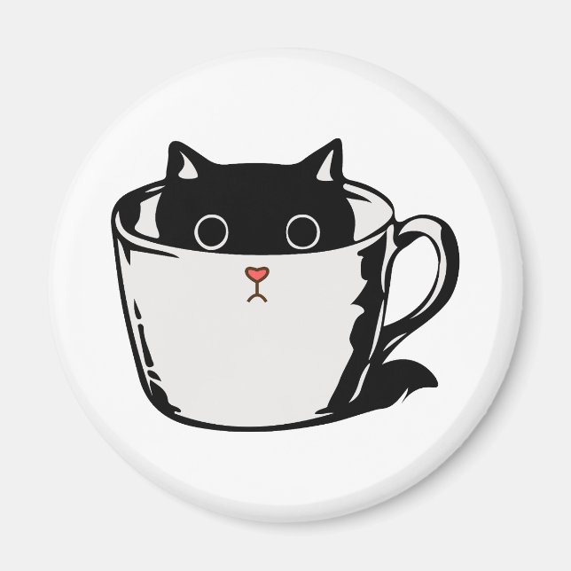 Black kitten with red nose hiding in a cup magnet (Front)