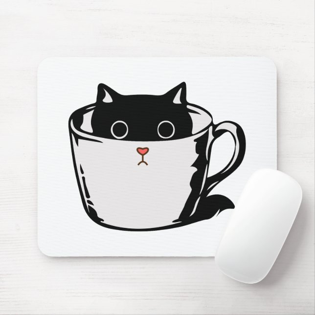 Black kitten with red nose hiding in a cup mouse pad (With Mouse)